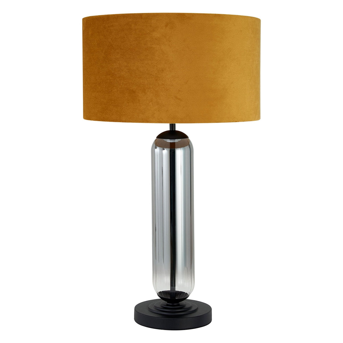 A modern chrome table lamp with a dark yellow velvet shade on a white background.