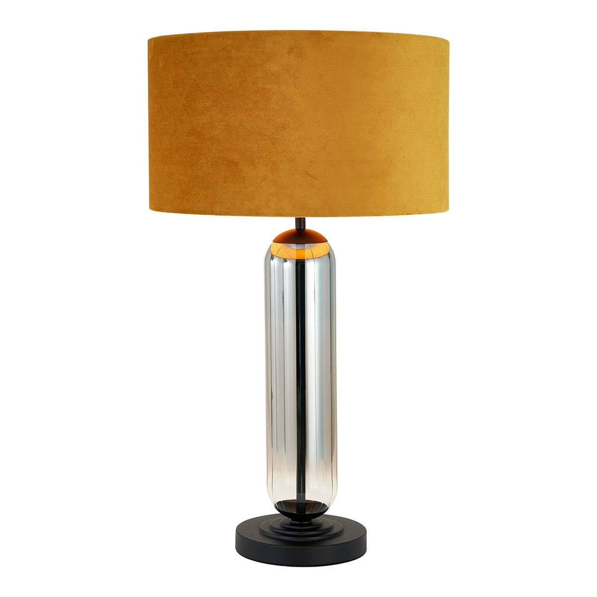 A modern chrome table lamp with a dark yellow velvet shade on a white background.
