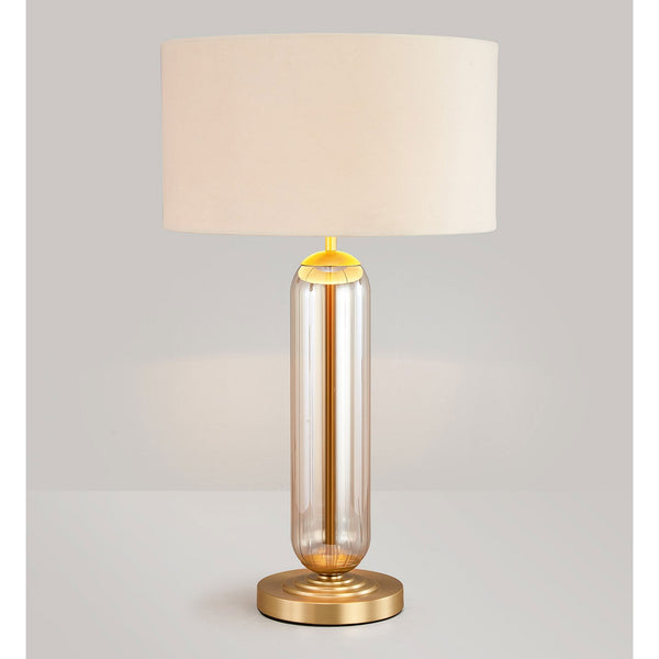 Hamble Tubular Table Lamp in Satin Gold with Cognac Glass and Ivory Velvet Shade