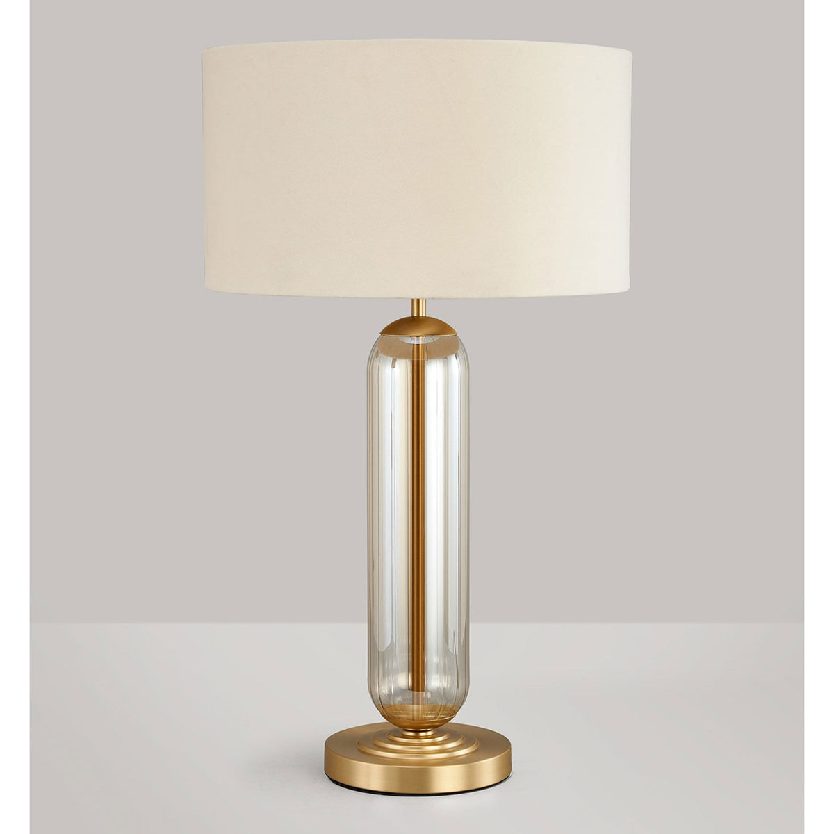 Hamble Tubular Table Lamp in Satin Gold with Cognac Glass and Ivory Velvet Shade