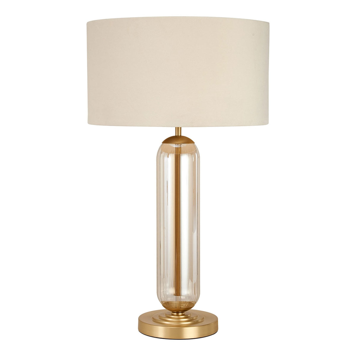 Hamble Tubular Table Lamp in Satin Gold with Cognac Glass and Ivory Velvet Shade