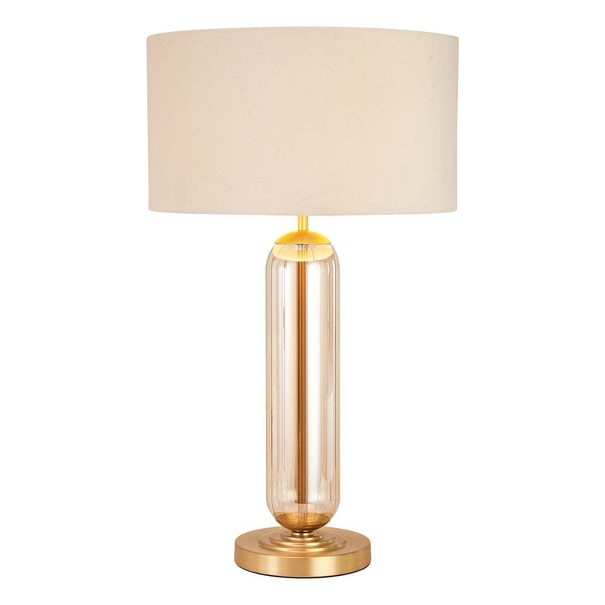 Hamble Tubular Table Lamp in Satin Gold with Cognac Glass and Ivory Velvet Shade