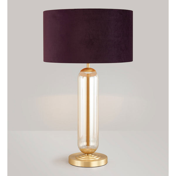Hamble Tubular Table Lamp in Satin Gold with Cognac Glass and Aubergine Velvet Shade