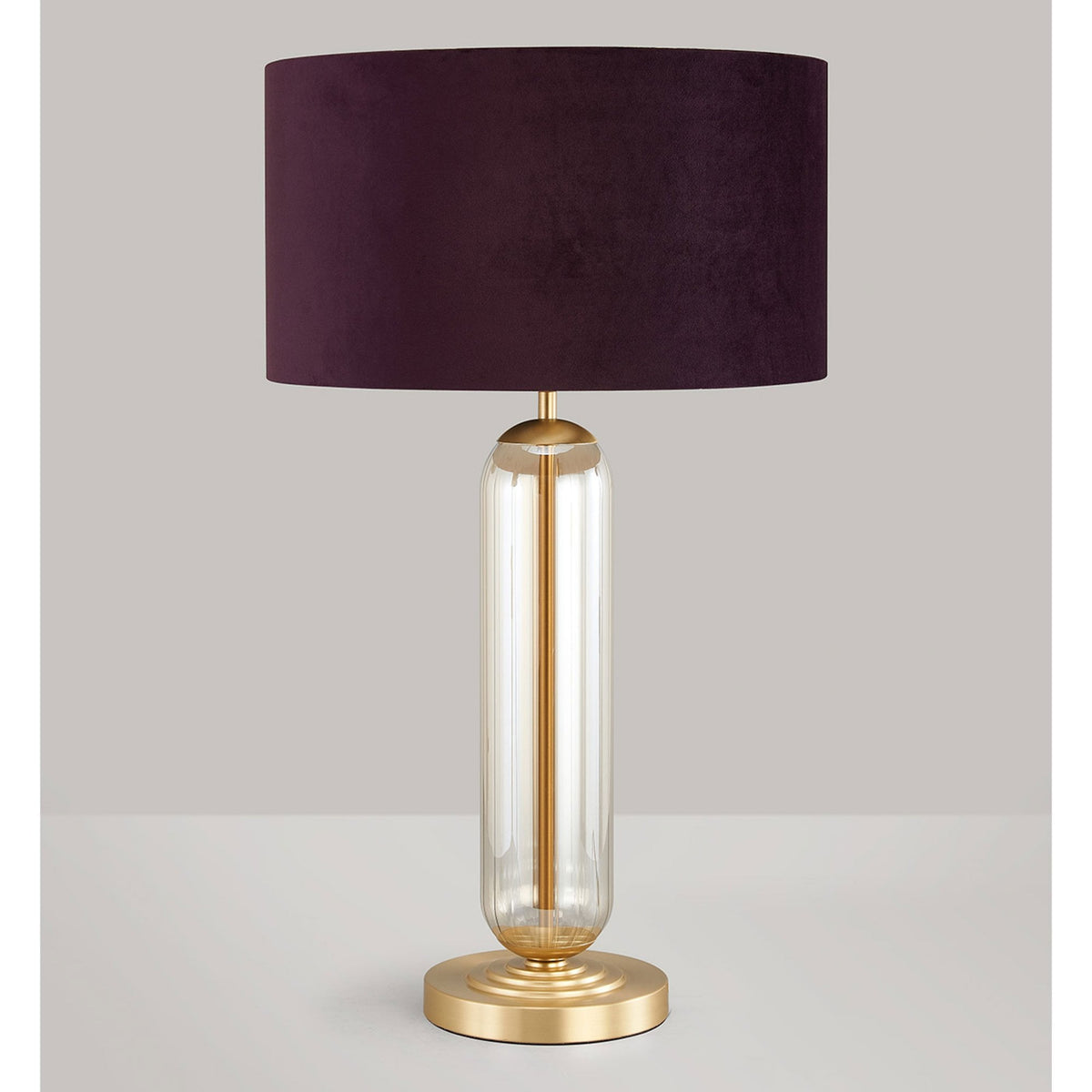 Hamble Tubular Table Lamp in Satin Gold with Cognac Glass and Aubergine Velvet Shade