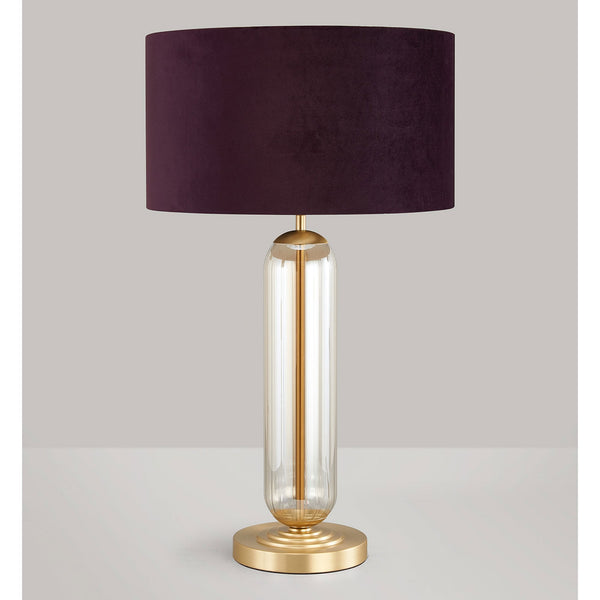 Hamble Tubular Table Lamp in Satin Gold with Cognac Glass and Aubergine Velvet Shade