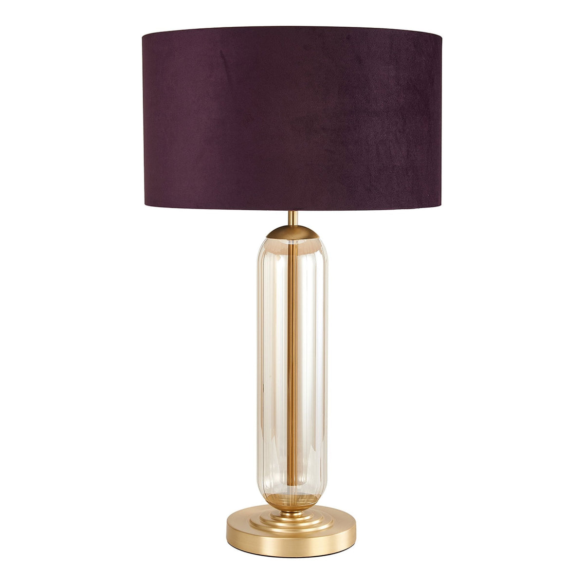 Hamble Tubular Table Lamp in Satin Gold with Cognac Glass and Aubergine Velvet Shade