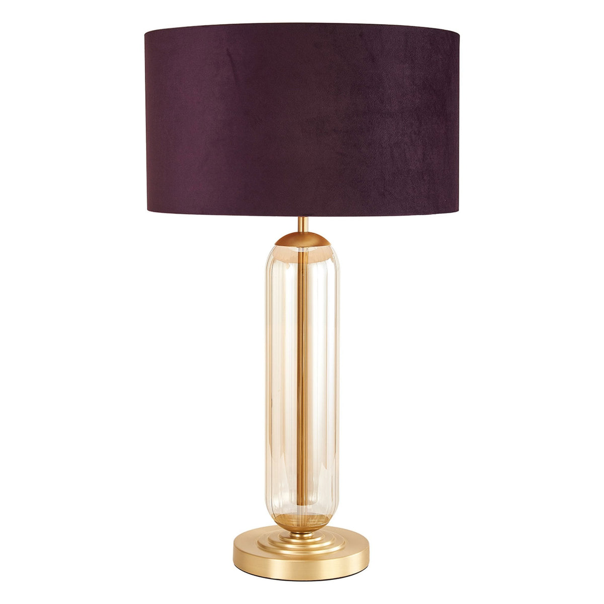 Hamble Tubular Table Lamp in Satin Gold with Cognac Glass and Aubergine Velvet Shade