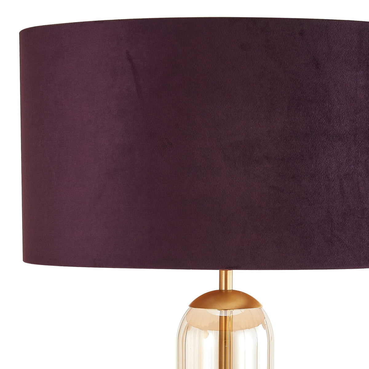 Hamble Tubular Table Lamp in Satin Gold with Cognac Glass and Aubergine Velvet Shade