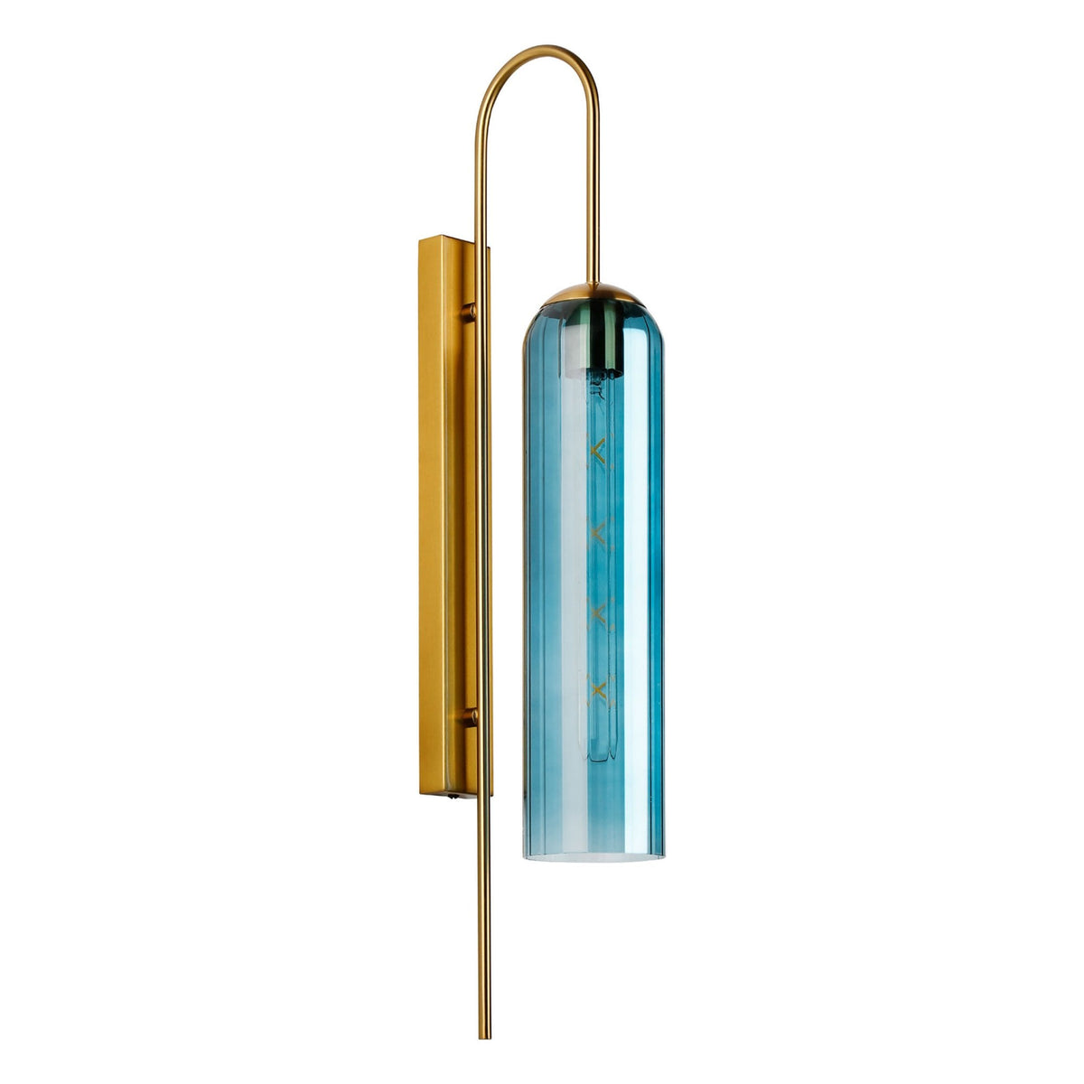 A sleek brass and blue glass wall light, unilluminated with a white background.