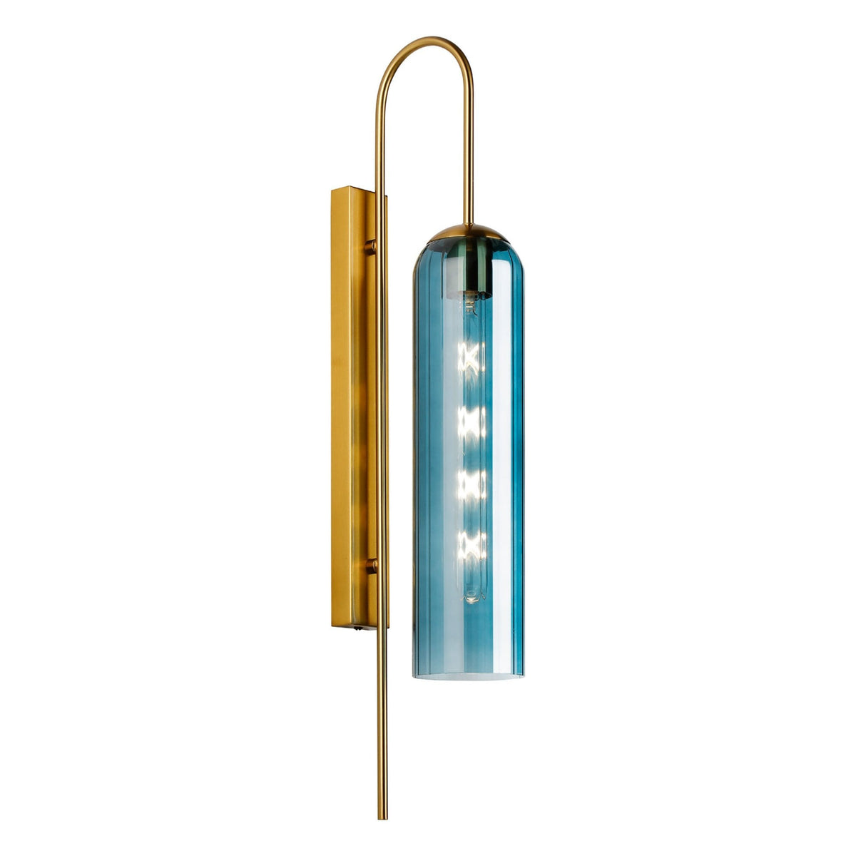 A contemporary brass and blue glass wall light, illuminated with a white background.