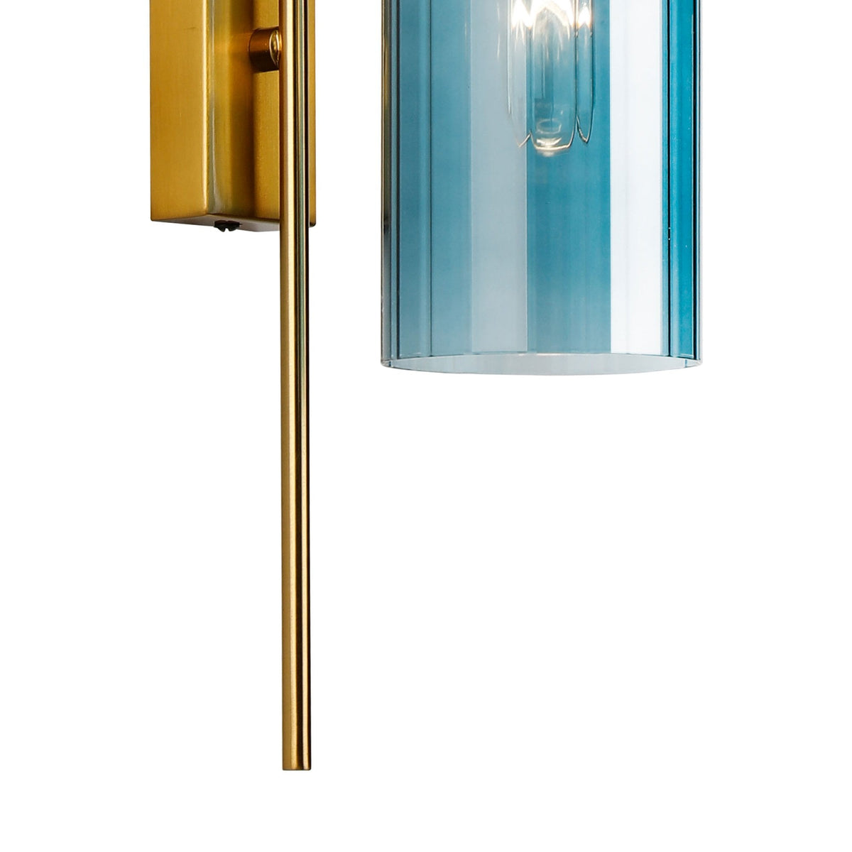 Close-up of the bottom section of the blue glass shade and brass rod of a wall light.