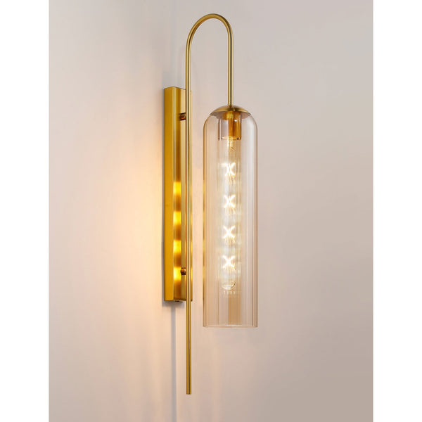 Hamble Curved Wall Light in Brass Gold with Cognac Glass
