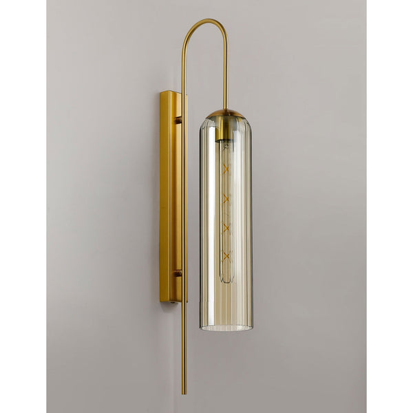 Hamble Curved Wall Light in Brass Gold with Cognac Glass