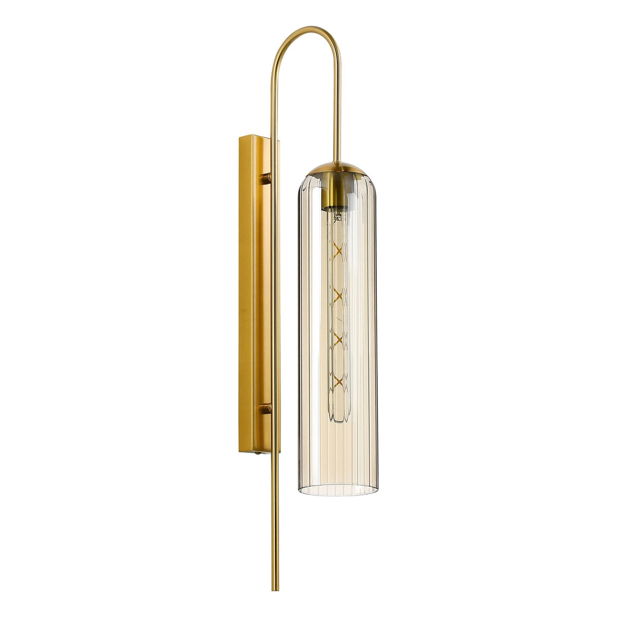 Hamble Curved Wall Light in Brass Gold with Cognac Glass