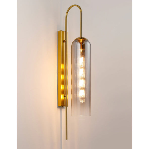 Hamble Curved Wall Light in Brass Gold with Smoke Fade Glass