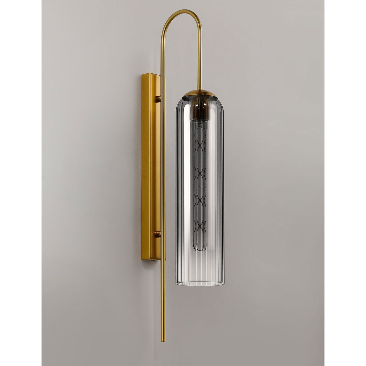 Hamble Curved Wall Light in Brass Gold with Smoke Fade Glass