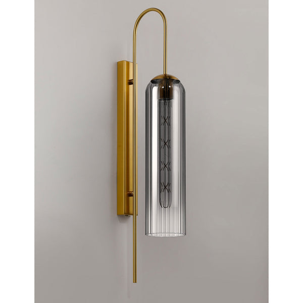 Hamble Curved Wall Light in Brass Gold with Smoke Fade Glass