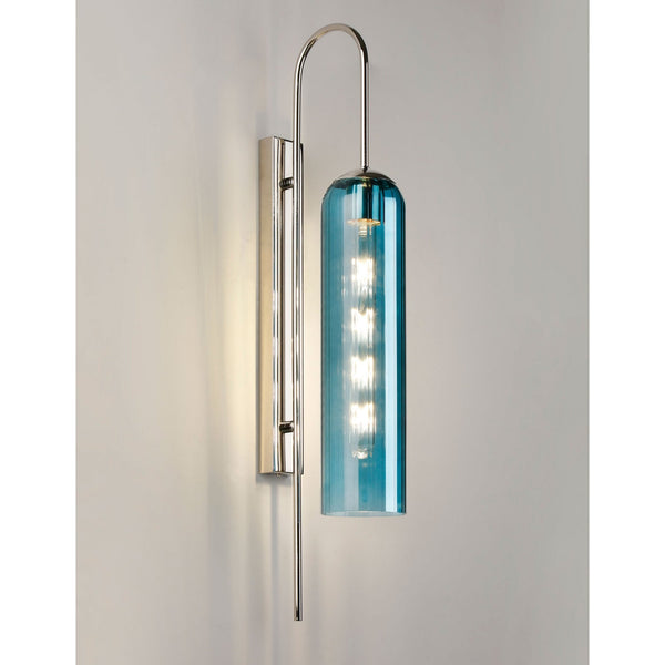 Hamble Curved Wall Light in Polished Nickel with Blue Glass