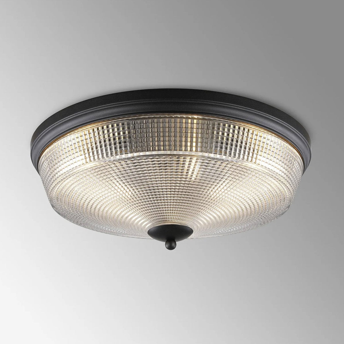 Stowford Large Flush Ceiling Light in Black & Clear Prismatic Glass