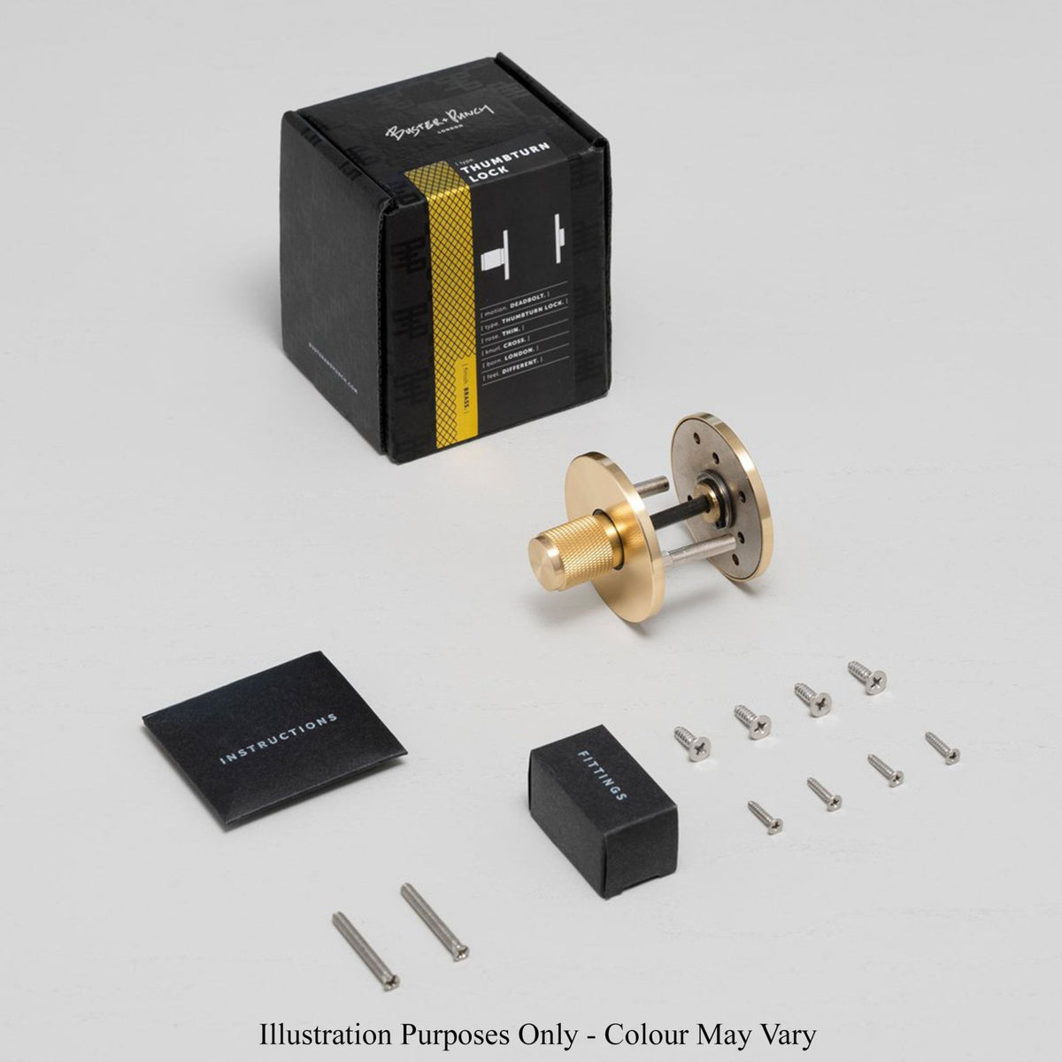Buster + Punch thumbturn lock in brass with packaging, instructions, fittings, and screws