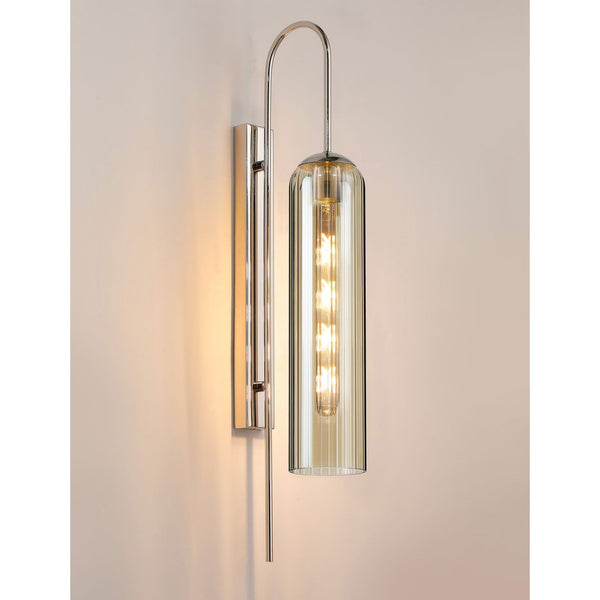 Hamble Curved Wall Light in Polished Nickel with Cognac Glass