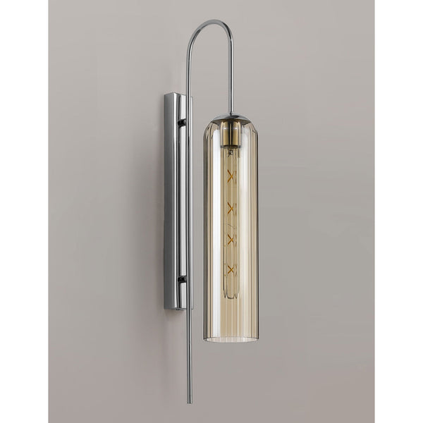 Hamble Curved Wall Light in Polished Nickel with Cognac Glass