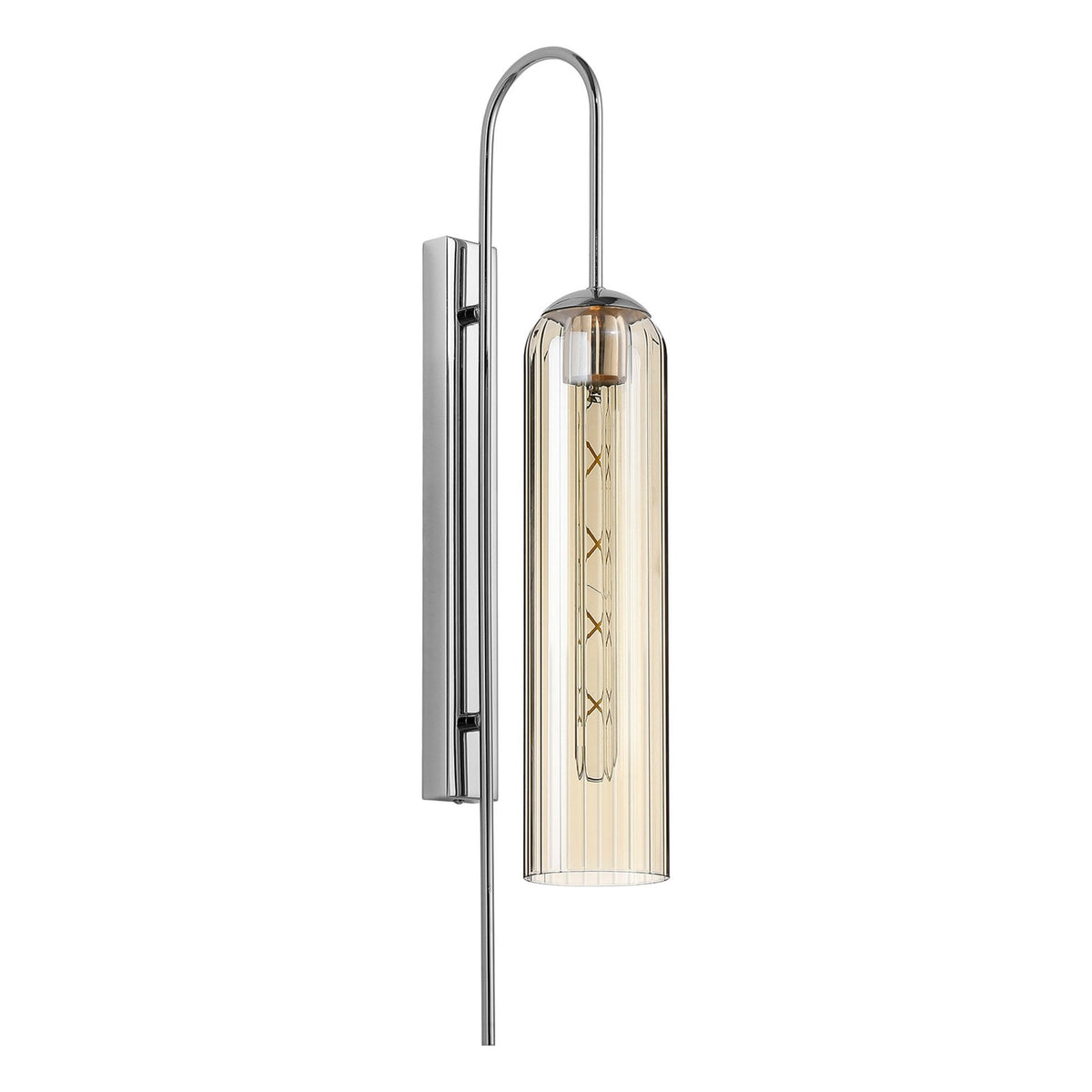 Hamble Curved Wall Light in Polished Nickel with Cognac Glass