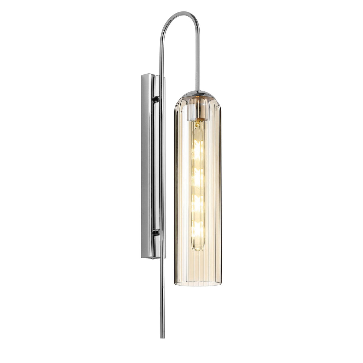 Hamble Curved Wall Light in Polished Nickel with Cognac Glass