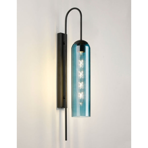 Hamble Curved Wall Light in Satin Black with Blue Glass
