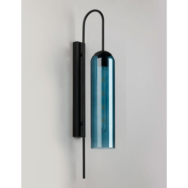 Hamble Curved Wall Light in Satin Black with Blue Glass