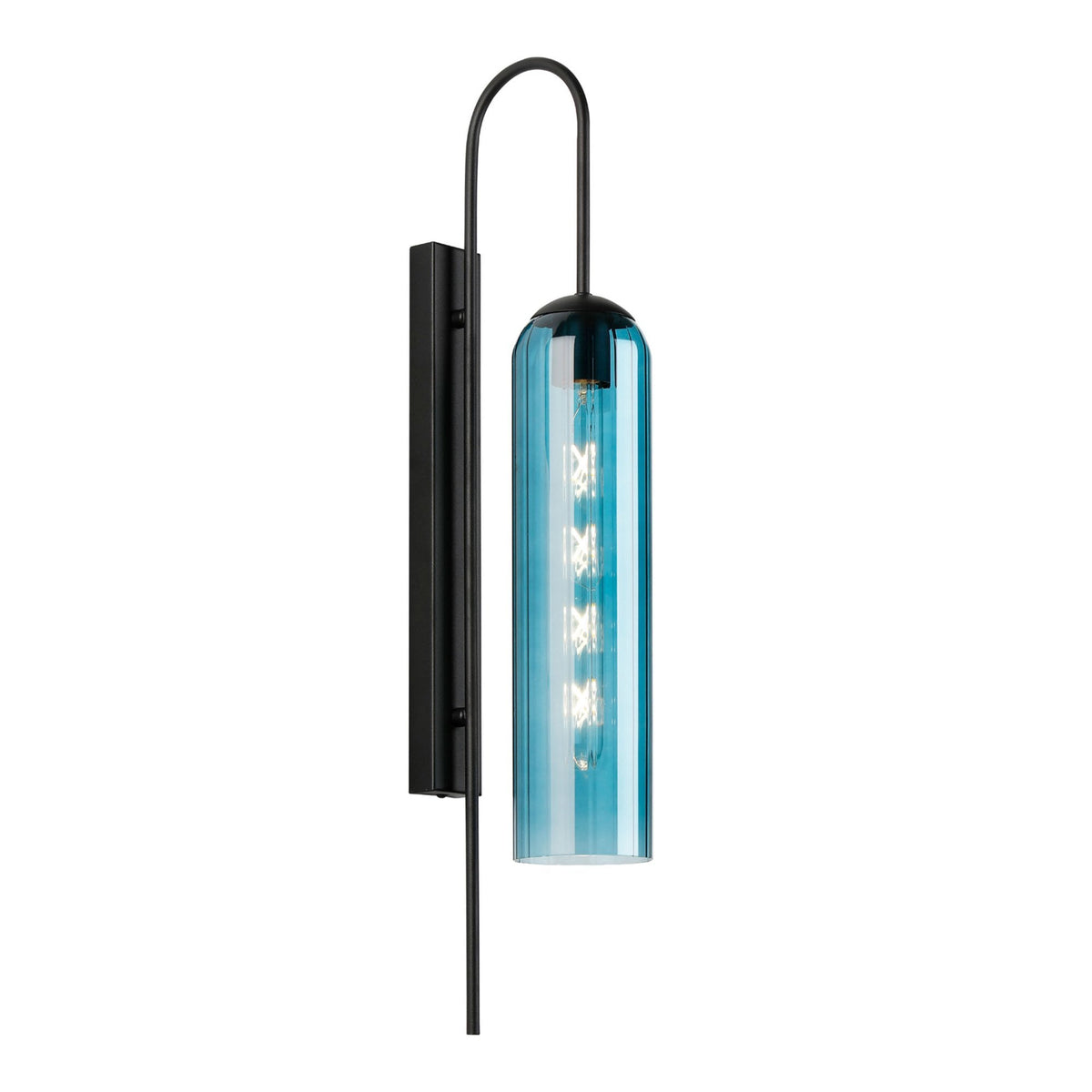 Hamble Curved Wall Light in Satin Black with Blue Glass