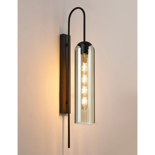 Hamble Curved Wall Light in Satin Black with Cognac Glass