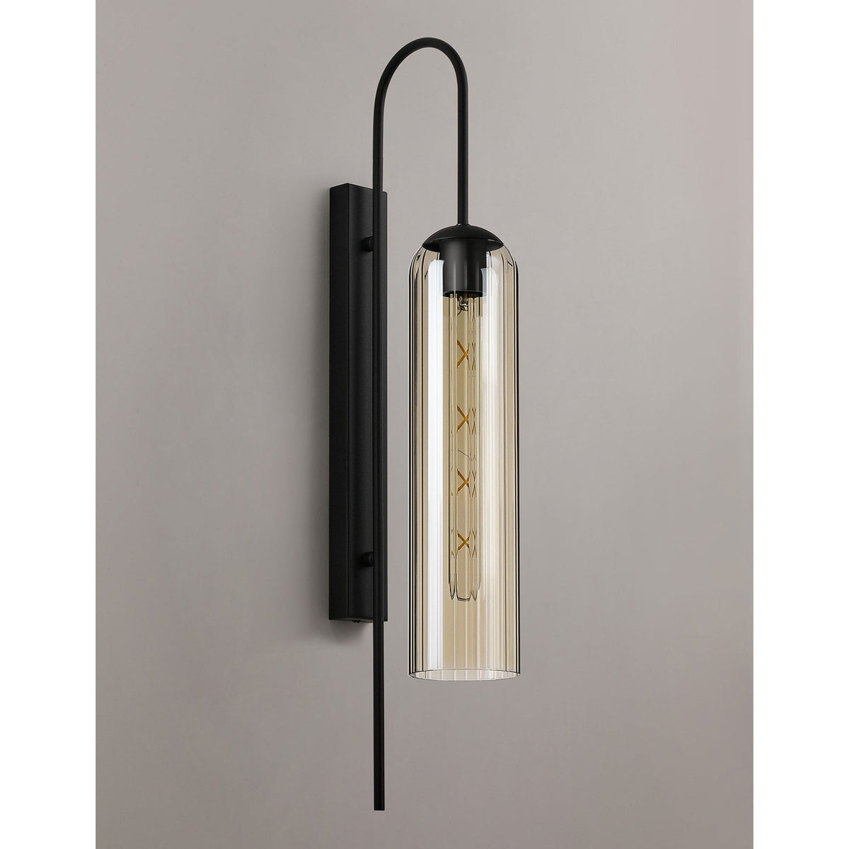 Hamble Curved Wall Light in Satin Black with Cognac Glass