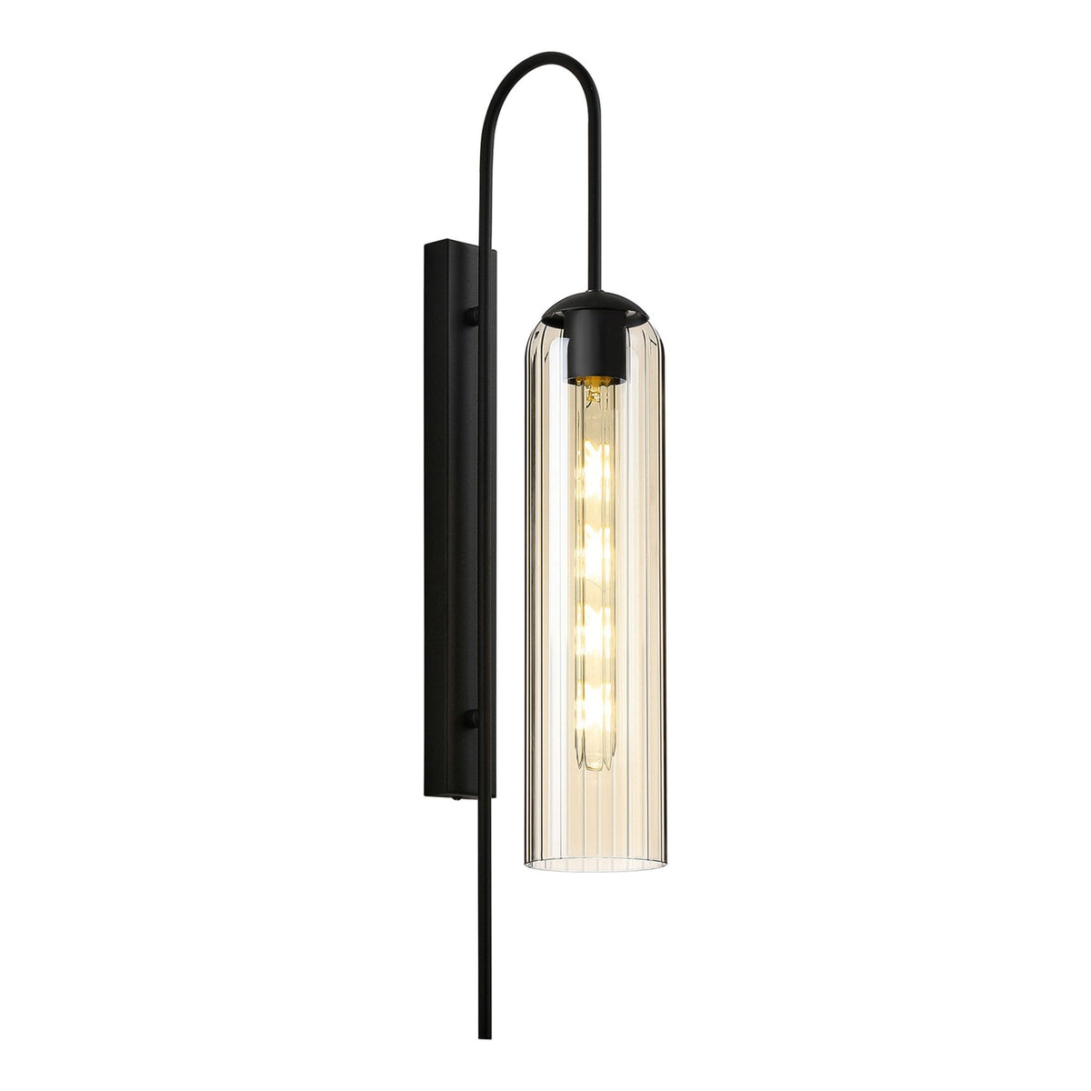 Hamble Curved Wall Light in Satin Black with Cognac Glass