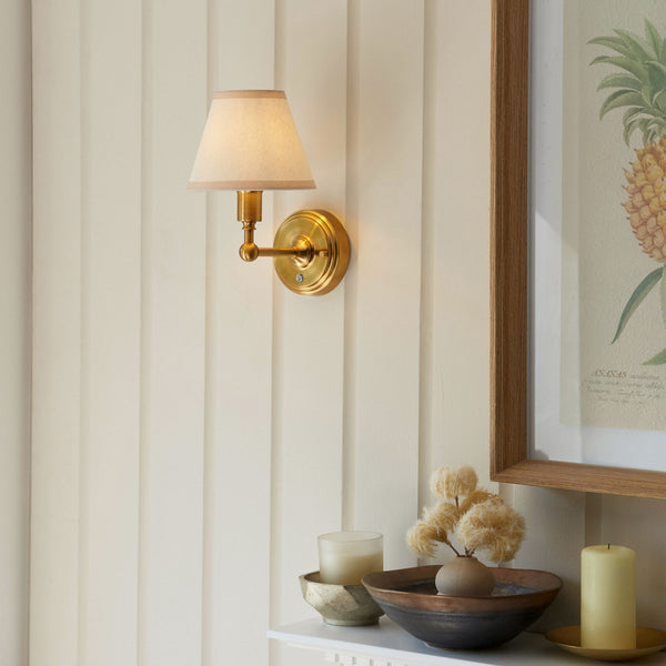 Burley Rechargeable Wall Light in Brushed Aged Brass with Ivy 16cm Vintage White Shade