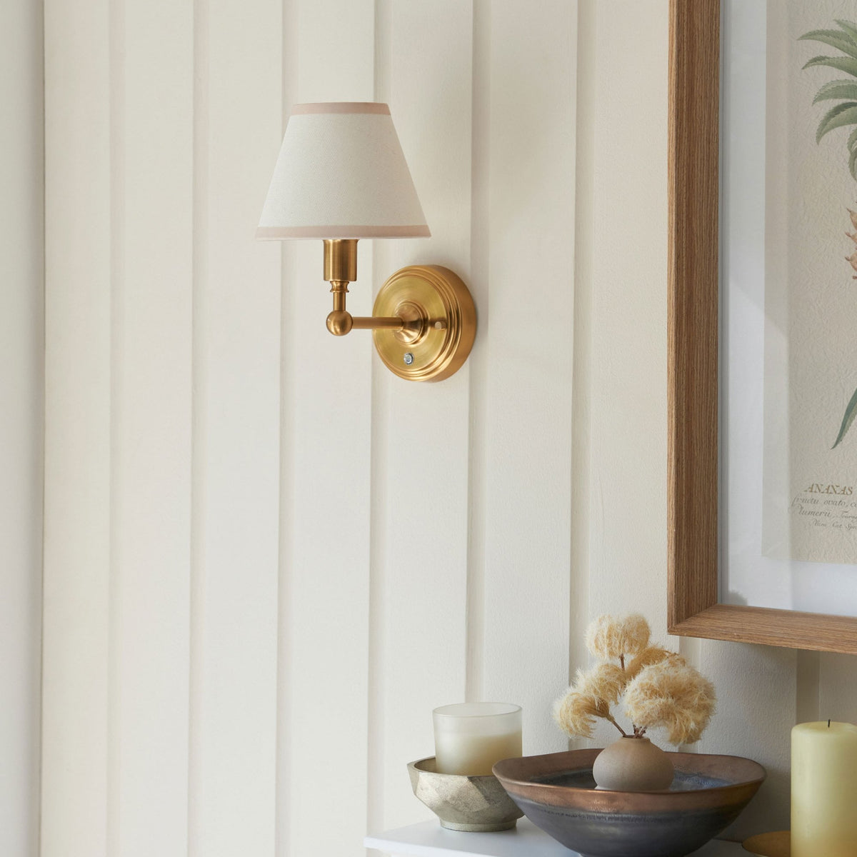 Burley Rechargeable Wall Light in Brushed Aged Brass with Ivy 16cm Vintage White Shade