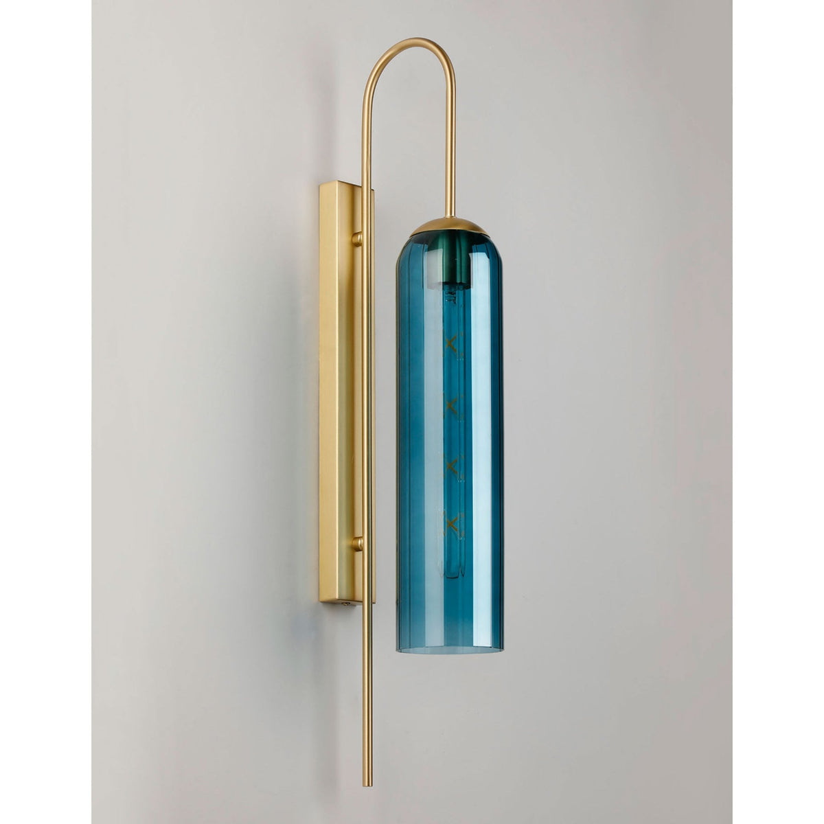 A blue and gold contemporary wall light with light off, showing a unique horizontal element.