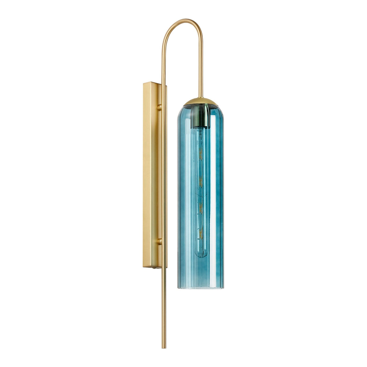 A blue and gold contemporary wall light with the bulb visible when off.