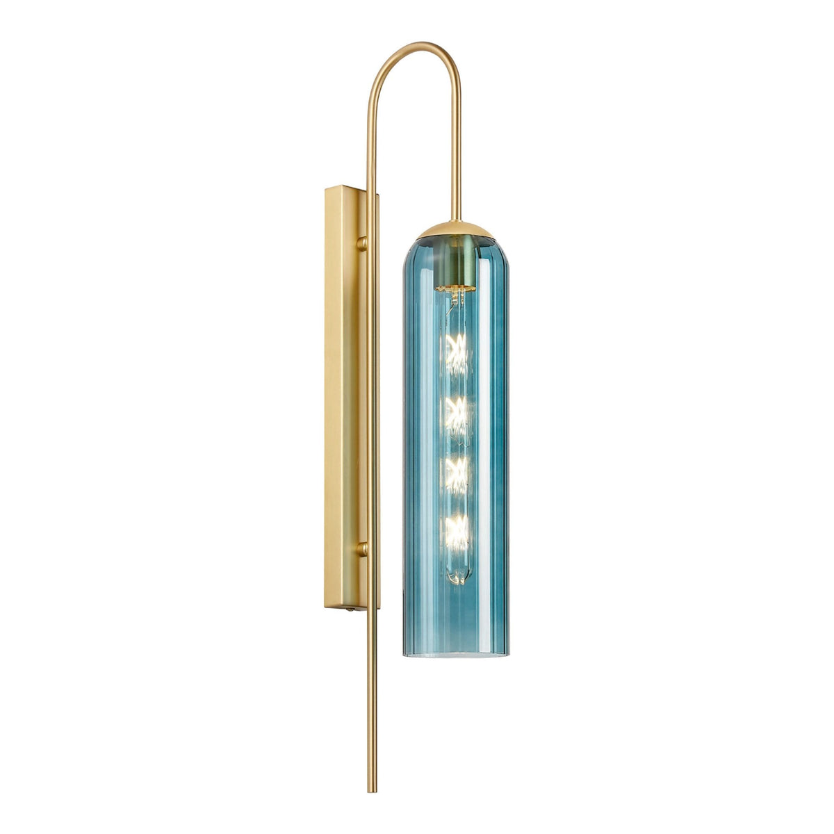 A blue and gold contemporary wall light with the bulb visible when on.