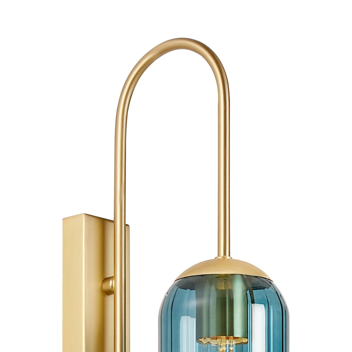 Top close-up of a blue and gold contemporary wall light, showcasing the curved arm.