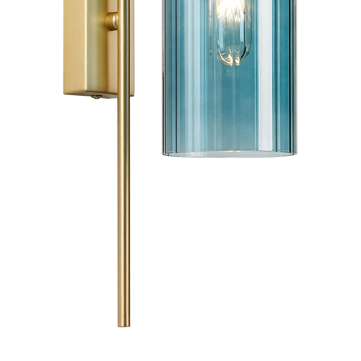 Bottom close-up of a blue and gold contemporary wall light, showing the linear design.