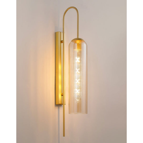 Hamble Curved Wall Light in Satin Gold with Cognac Glass