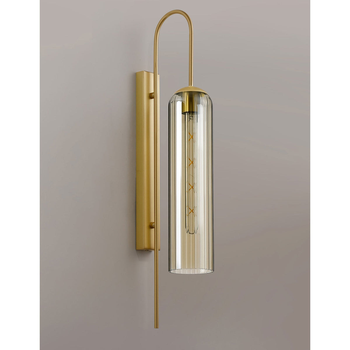 Hamble Curved Wall Light in Satin Gold with Cognac Glass