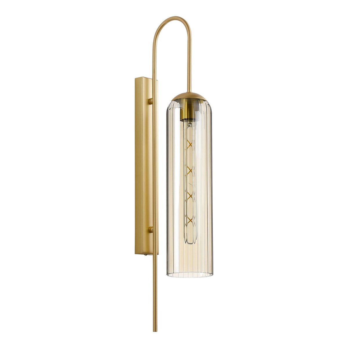 Hamble Curved Wall Light in Satin Gold with Cognac Glass