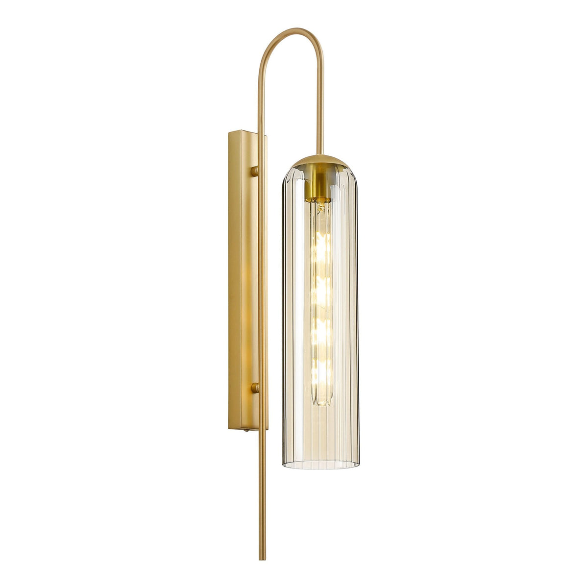 Hamble Curved Wall Light in Satin Gold with Cognac Glass