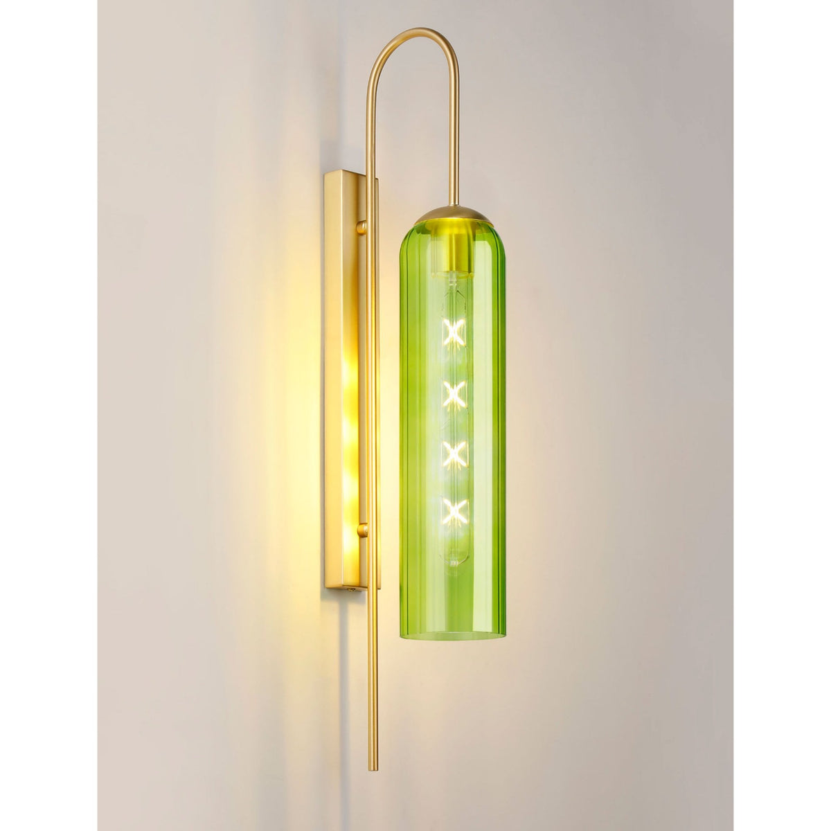 Hamble Curved Wall Light in Satin Gold with Green Glass
