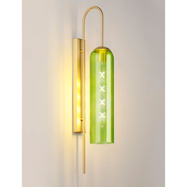 Hamble Curved Wall Light in Satin Gold with Green Glass