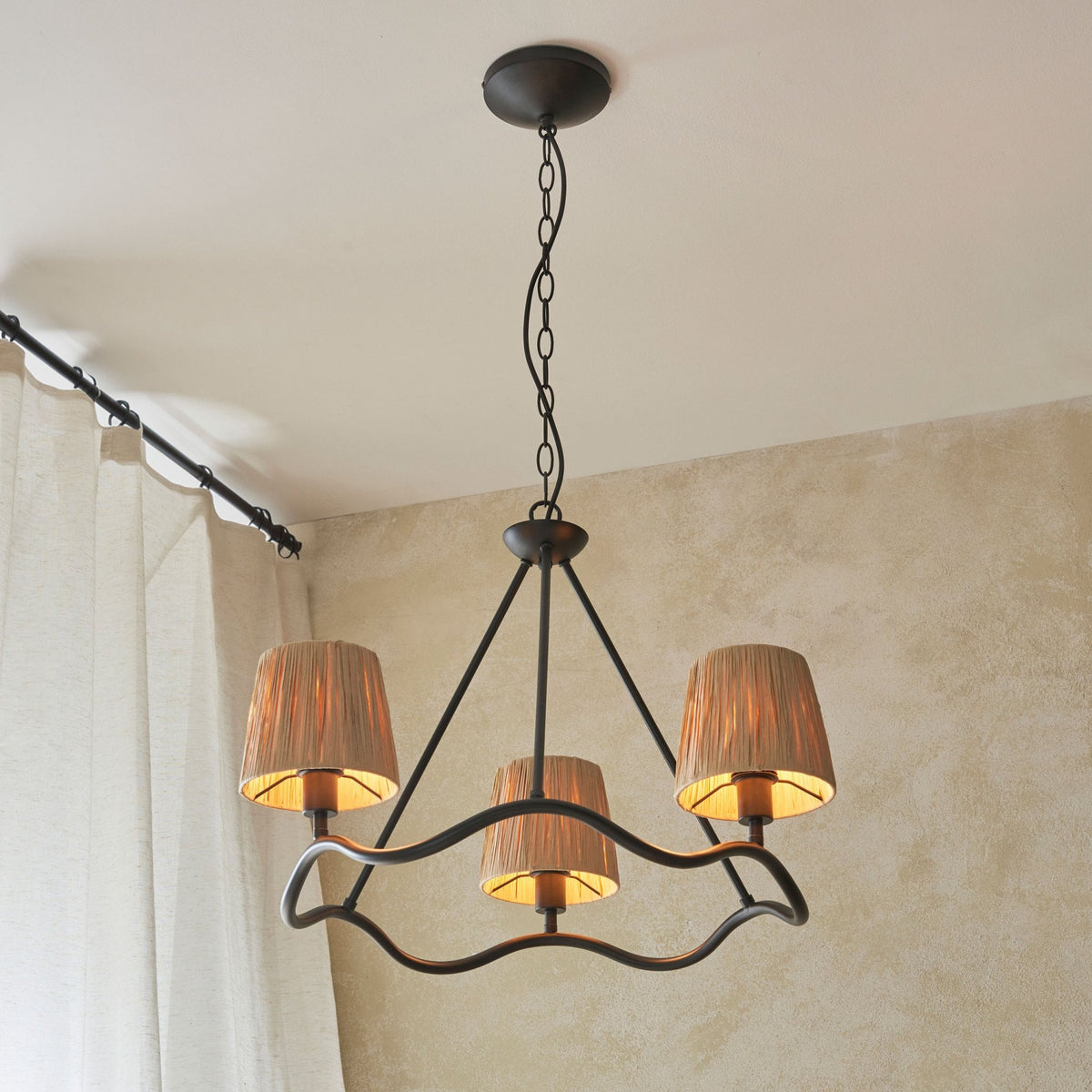 Wriggle 3 Light Pendant with Wrapped Raffia Shades in Matt Black
