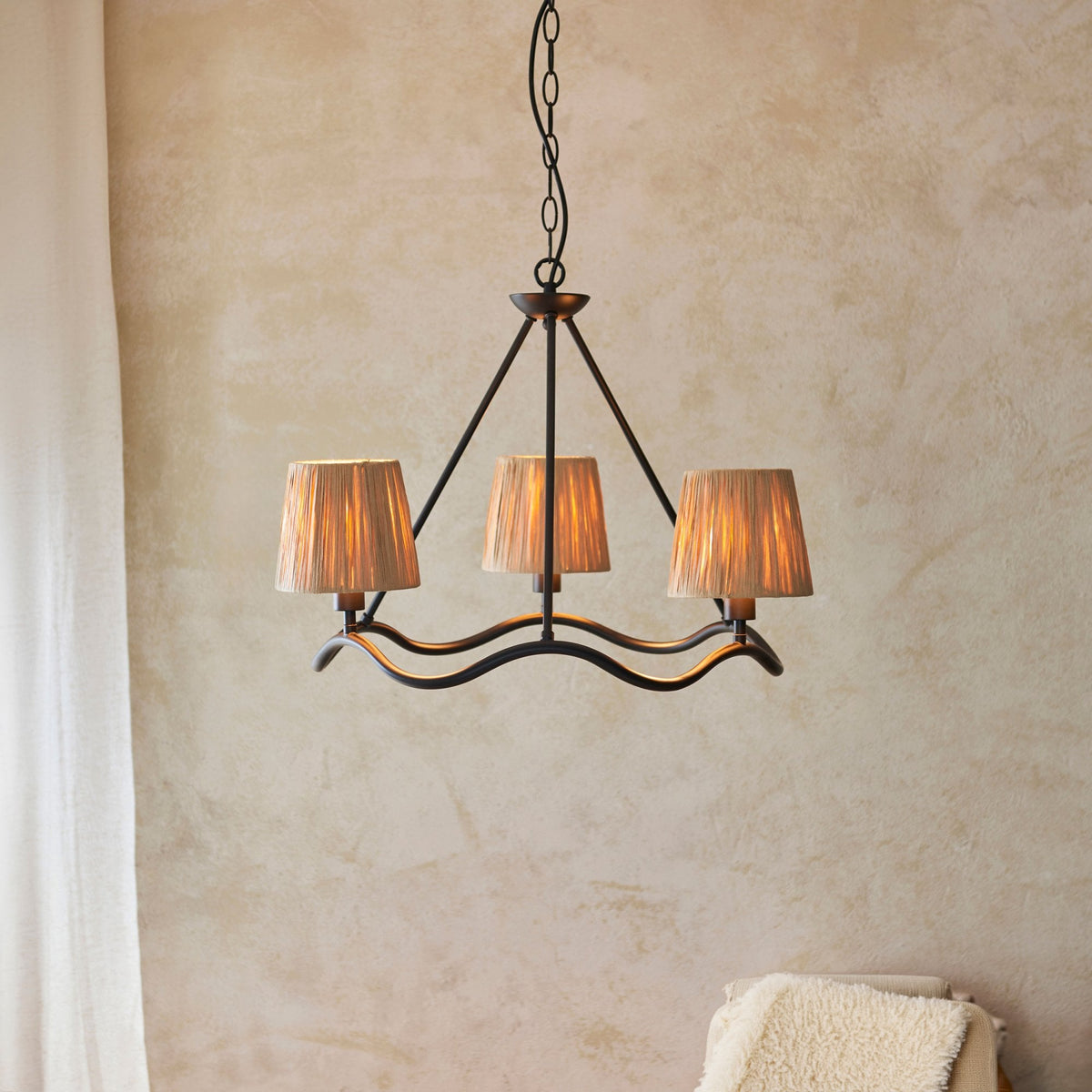 Wriggle 3 Light Pendant with Wrapped Raffia Shades in Matt Black