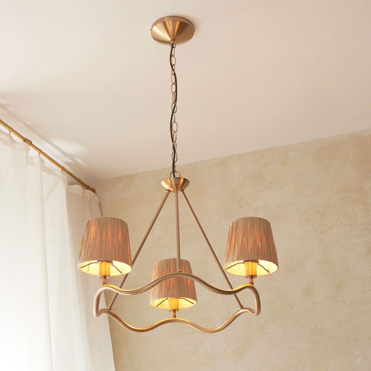 Wriggle 3 Light Pendant with Wrapped Raffia Shades in Brushed Aged Brass